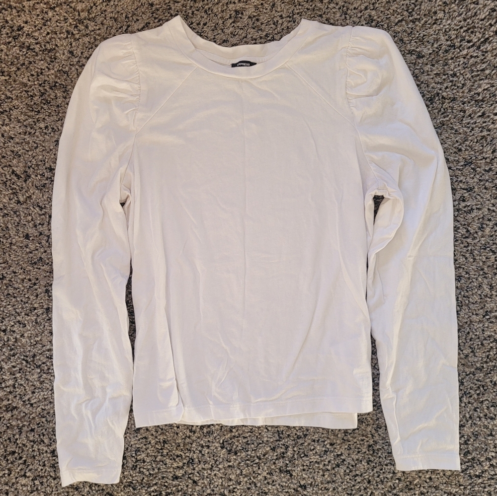Express White Crew Neck Puff Shoulder Long Sleeve Tee